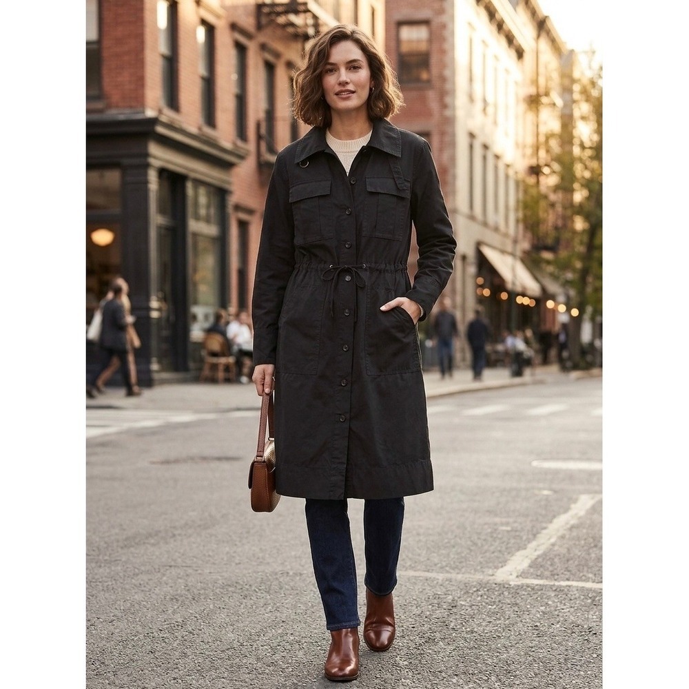 Banana Republic Womens Black Cotton Utility Trench Coat Drawstring Waist XS
